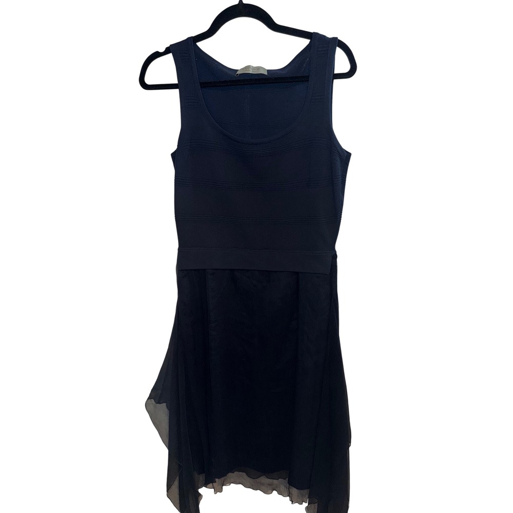 D. Exterior Navy Blue Knit Chiffon Handkerchief Hem Dress Made in Italy
